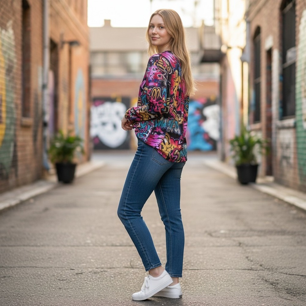 Graffiti Print‎ Mesh Long Sleeve Bodysuit Multicolor Street Art V-Neck Top
